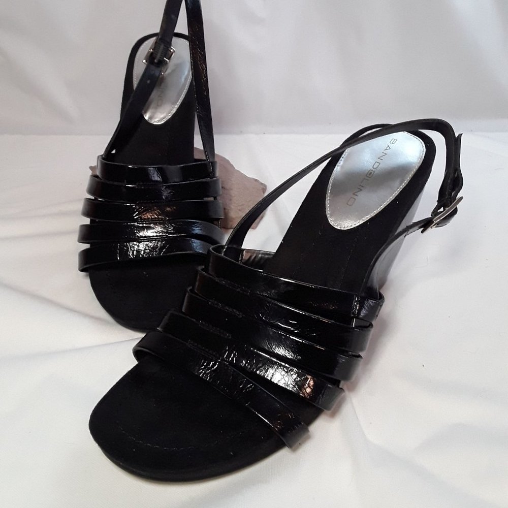 BANDOLINO Black Patent Leather Sling Back Platform Wedge Sandals SZ 8 -  NWOB